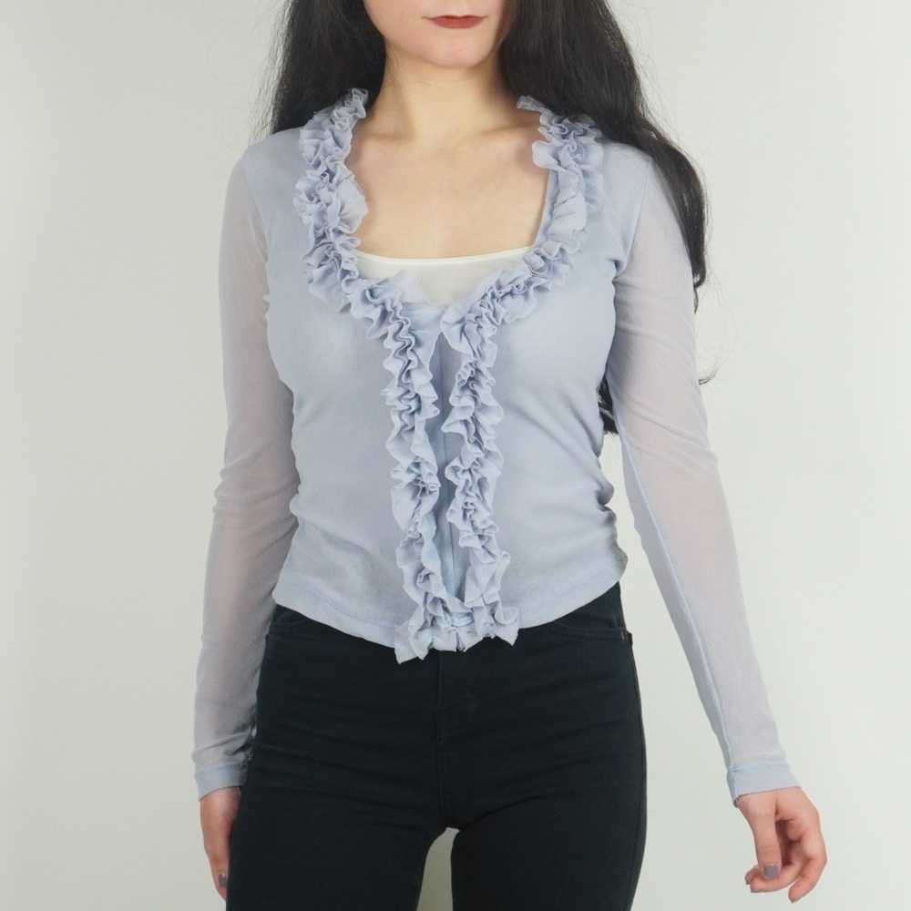 Pale Blue Sheer Mesh Ruffle Long Sleeve Shirt